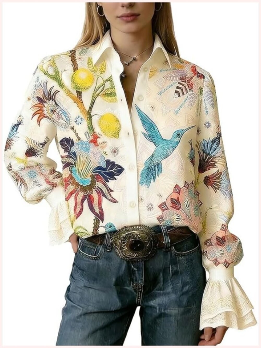 Boho Paisley Blouse Long Sleeve Button Down Ruffled Cuff Western Print Womens - Picture 1 of 6